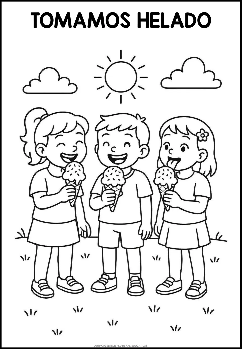 Spanish coloring page titled 'Tomamos helado' (We eat ice cream), showing three children holding ice cream cones