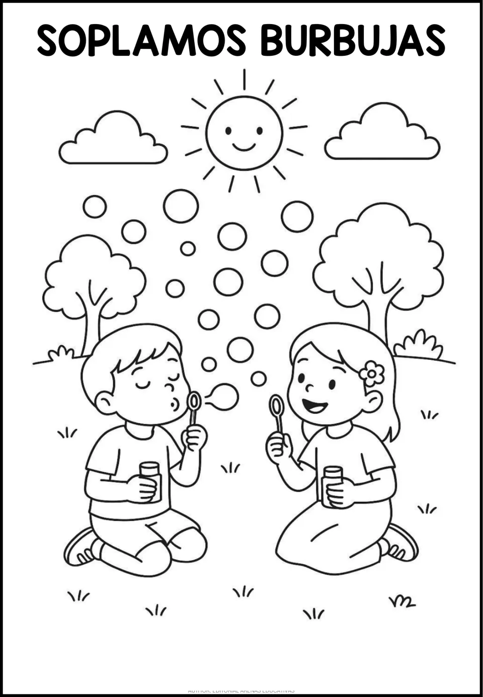 Spanish coloring page titled 'Soplamos burbujas' (We blow bubbles), showing two children with bubble wands