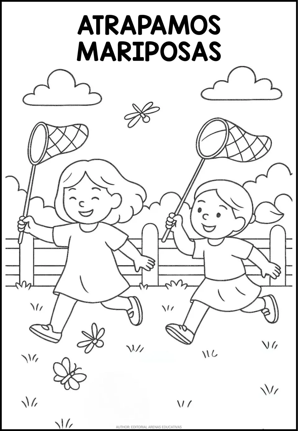 Spanish coloring page titled 'Atrapamos mariposas' (We catch butterflies), showing two children carrying nets