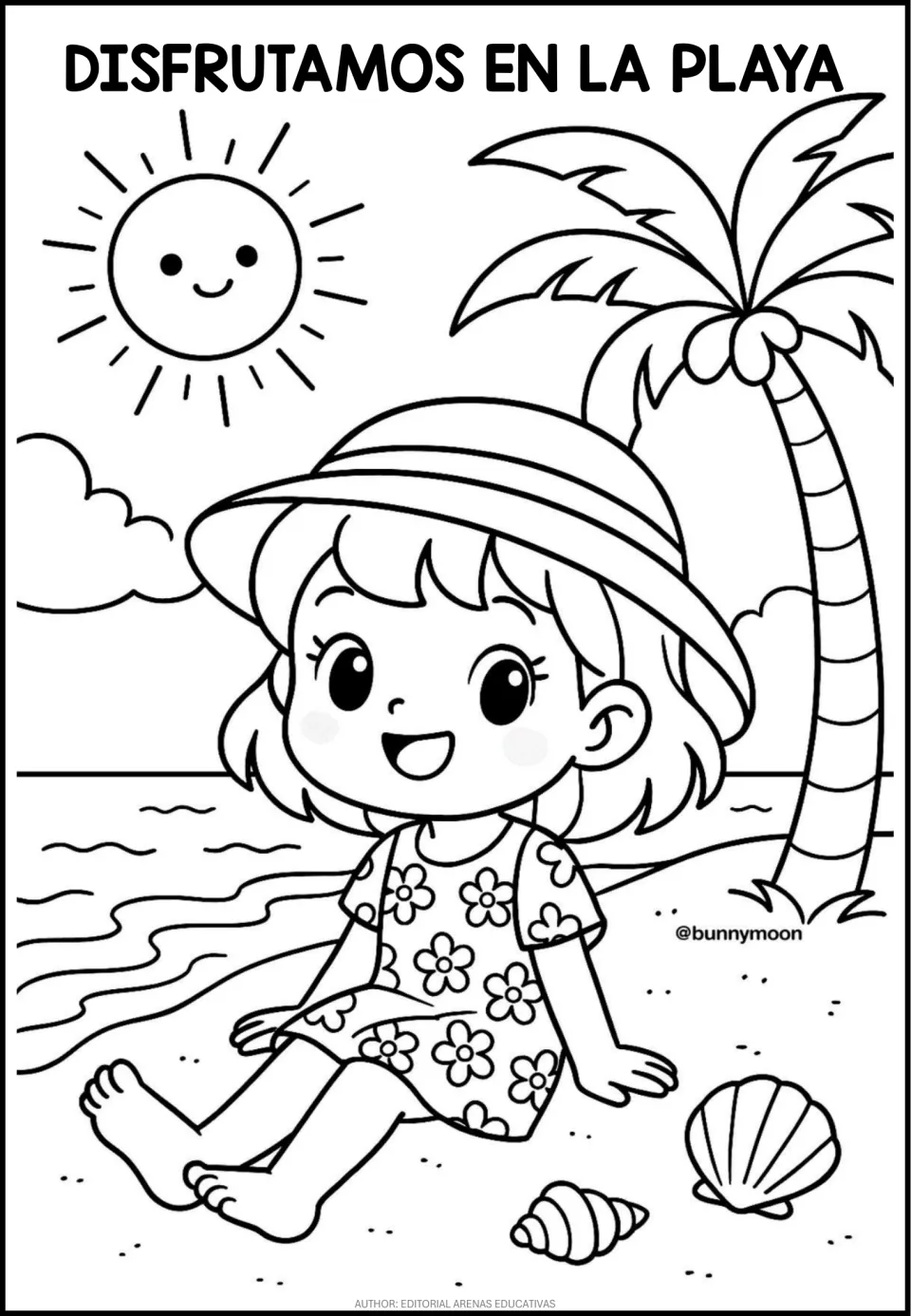 Spanish coloring page titled 'Disfrutamos en la playa' (We have fun at the beach), showing a child on the sand