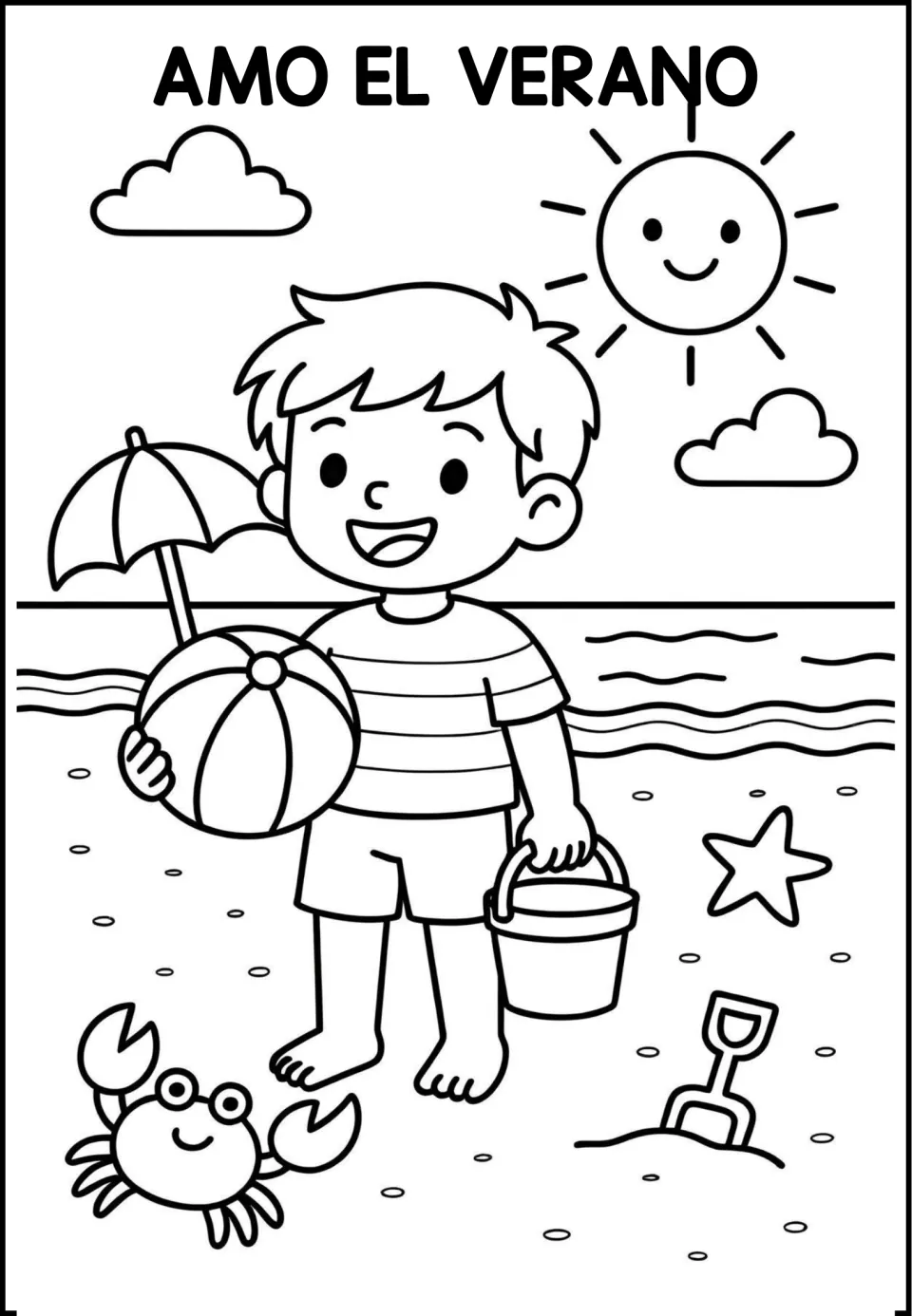 Spanish coloring page titled 'Amo el verano' (I love summer), showing a child with a beach ball and bucket