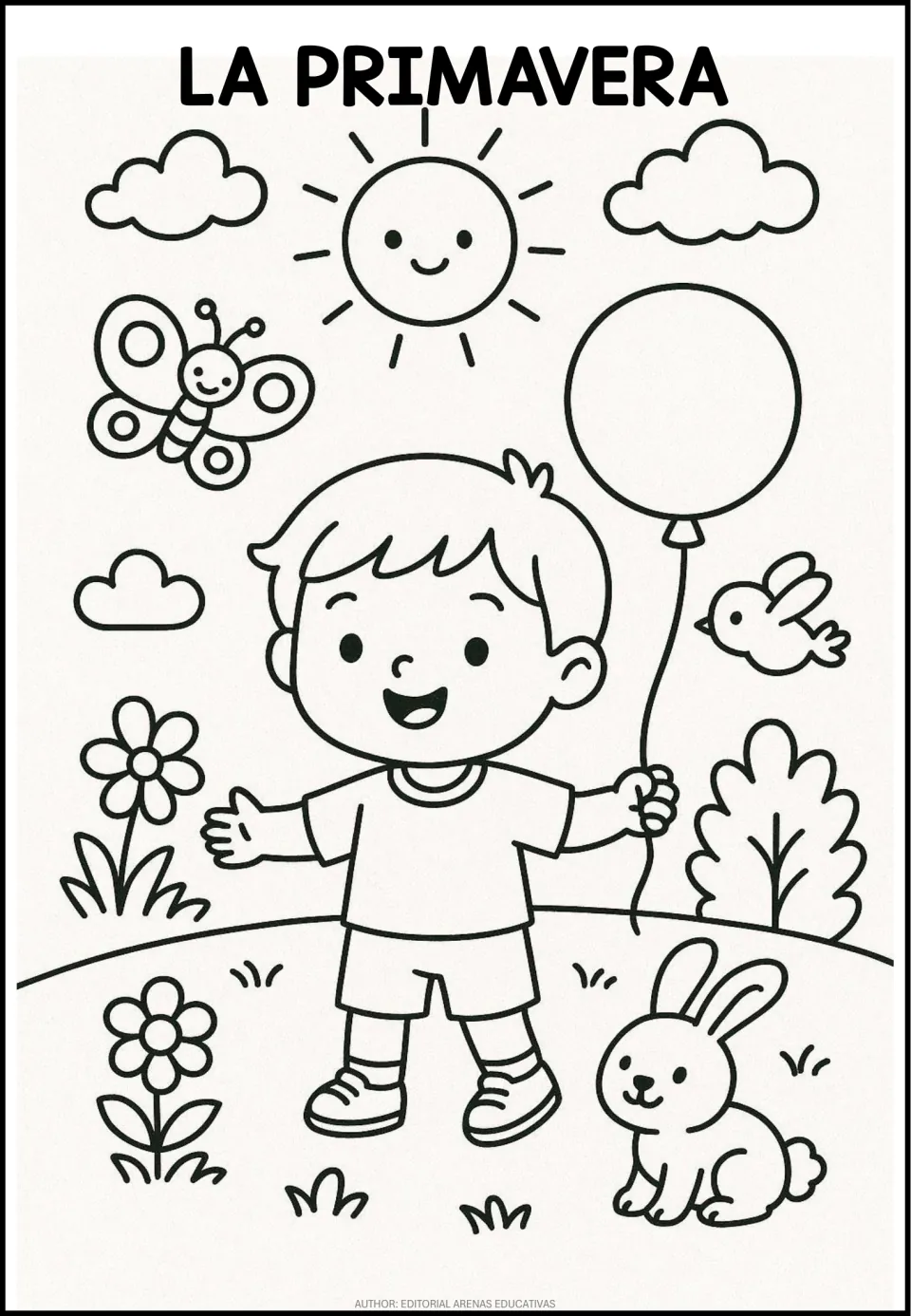 Spanish coloring page titled 'La primavera' (Spring), showing a child holding a balloon near flowers and a rabbit