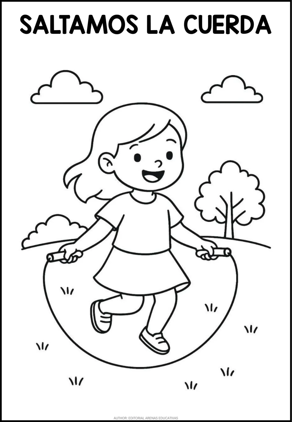 Spanish coloring page titled 'Saltamos la cuerda' (We jump rope), showing a child jumping rope outdoors