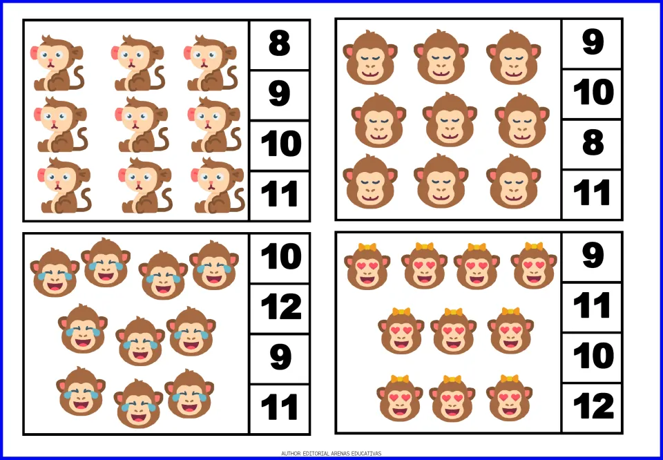 Monkey count-and-clip cards 17–20 show groups of nine, nine, ten, and ten monkeys with four number choices