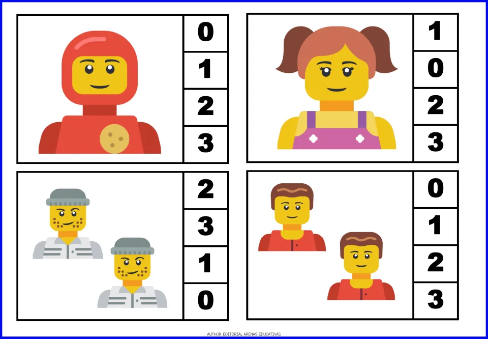 Toy-figure count-and-clip cards 1–4 show groups of one, one, two, and two figures with number choices 0–3