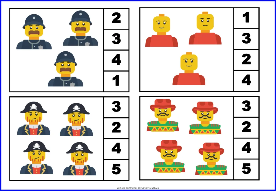 Toy-figure count-and-clip cards 5–8 show groups of three, three, four, and four with four number choices