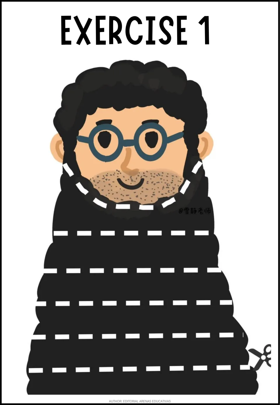 Exercise 1 cutting practice: students snip straight dashed lines across the long black beard of a man in round glasses