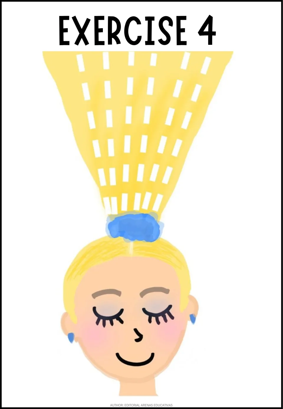 Exercise 4 fringe cutting: students cut along vertical dashed lines in a girl's yellow ponytail held by a blue scrunchie