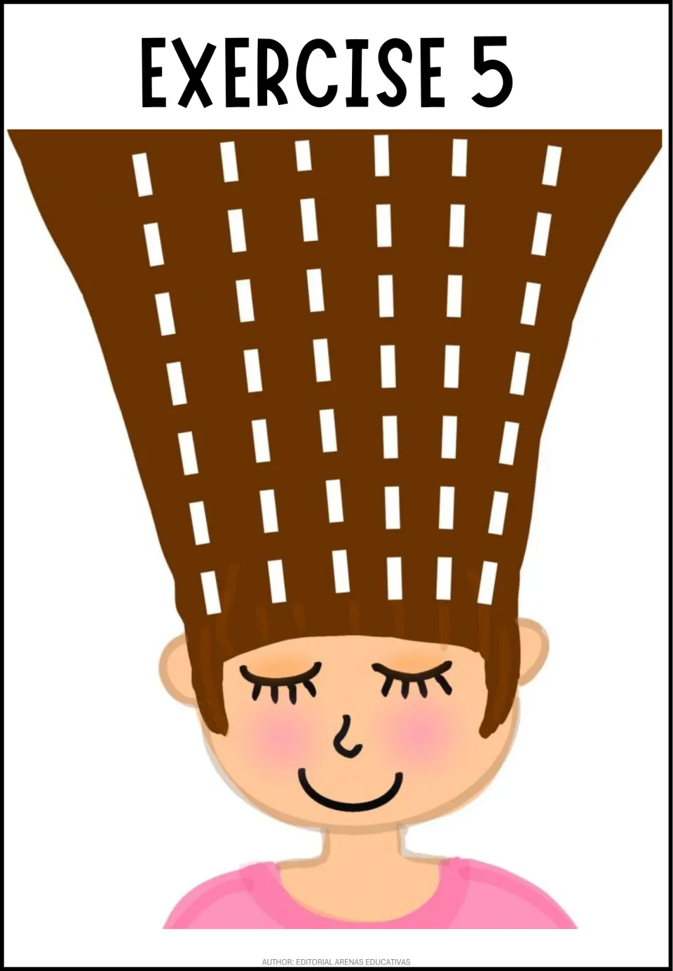 Exercise 5 haircut snipping: students cut down six dashed lines through a girl's tall brown hair to make fringe strips