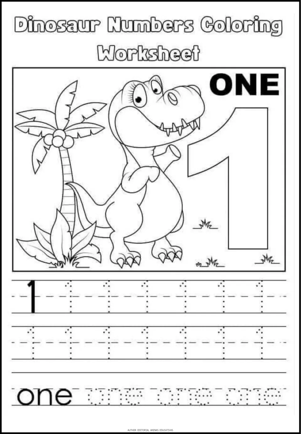 Number 1 practice: students color a T. rex beside a palm tree and big 1, then trace rows of 1s and the word one