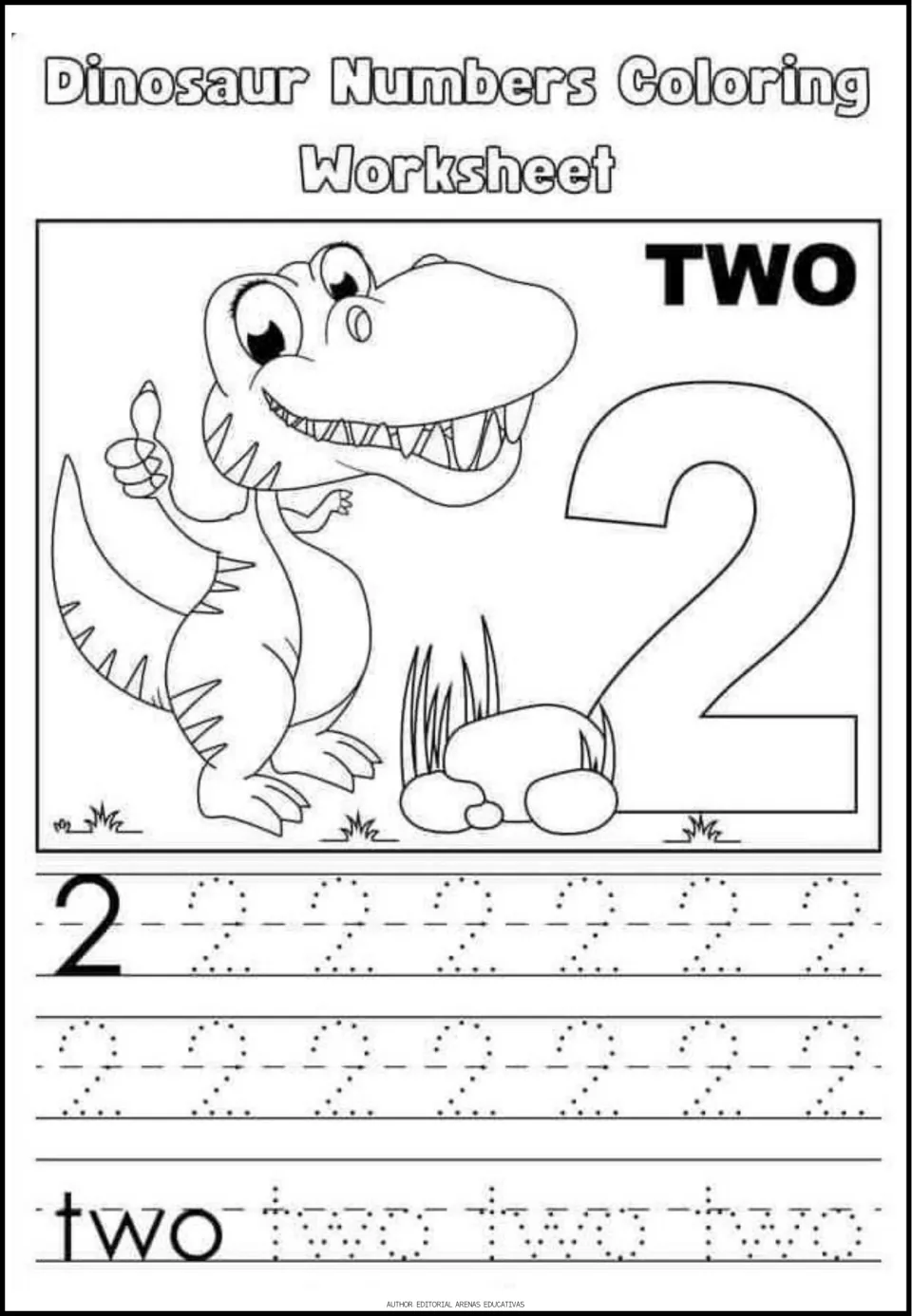 Number 2 practice: students color a thumbs-up dinosaur by rocks and a big 2, then trace rows of 2s and the word two