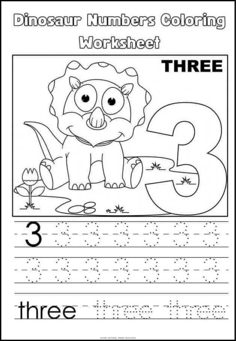 Number 3 practice: students color a baby triceratops beside a big 3, then trace rows of 3s and the word three