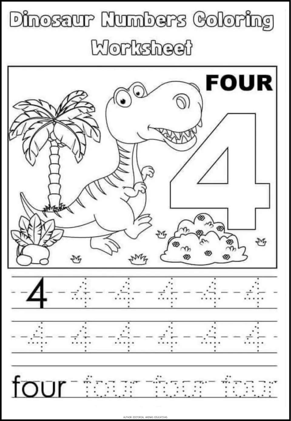 Number 4 practice: students color a striped dinosaur, palm tree and big 4, then trace rows of 4s and the word four
