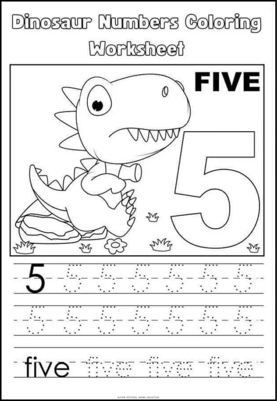 Number 5 practice: students color a spiky baby dinosaur by a flower and big 5, then trace 5s and the word five