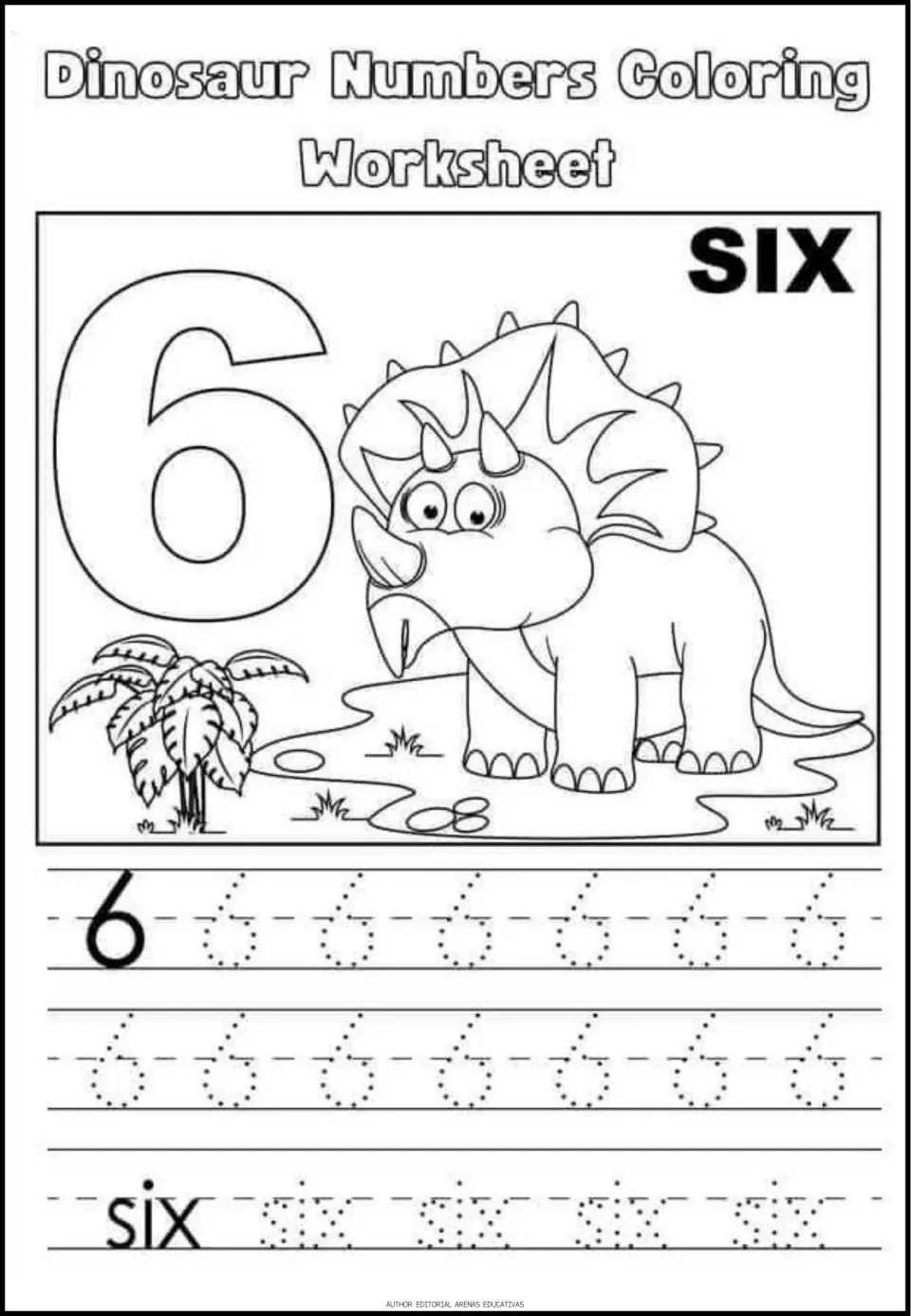 Number 6 practice: students color a triceratops at a pond beside a big 6, then trace rows of 6s and the word six