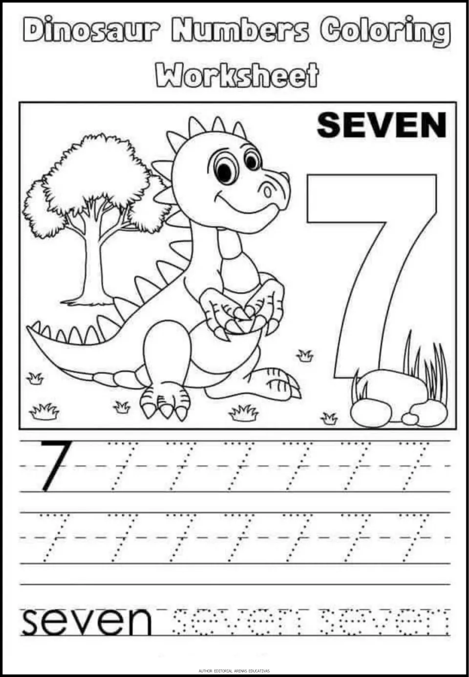 Number 7 practice: students color a spiky dinosaur by a tree and big 7, then trace rows of 7s and the word seven