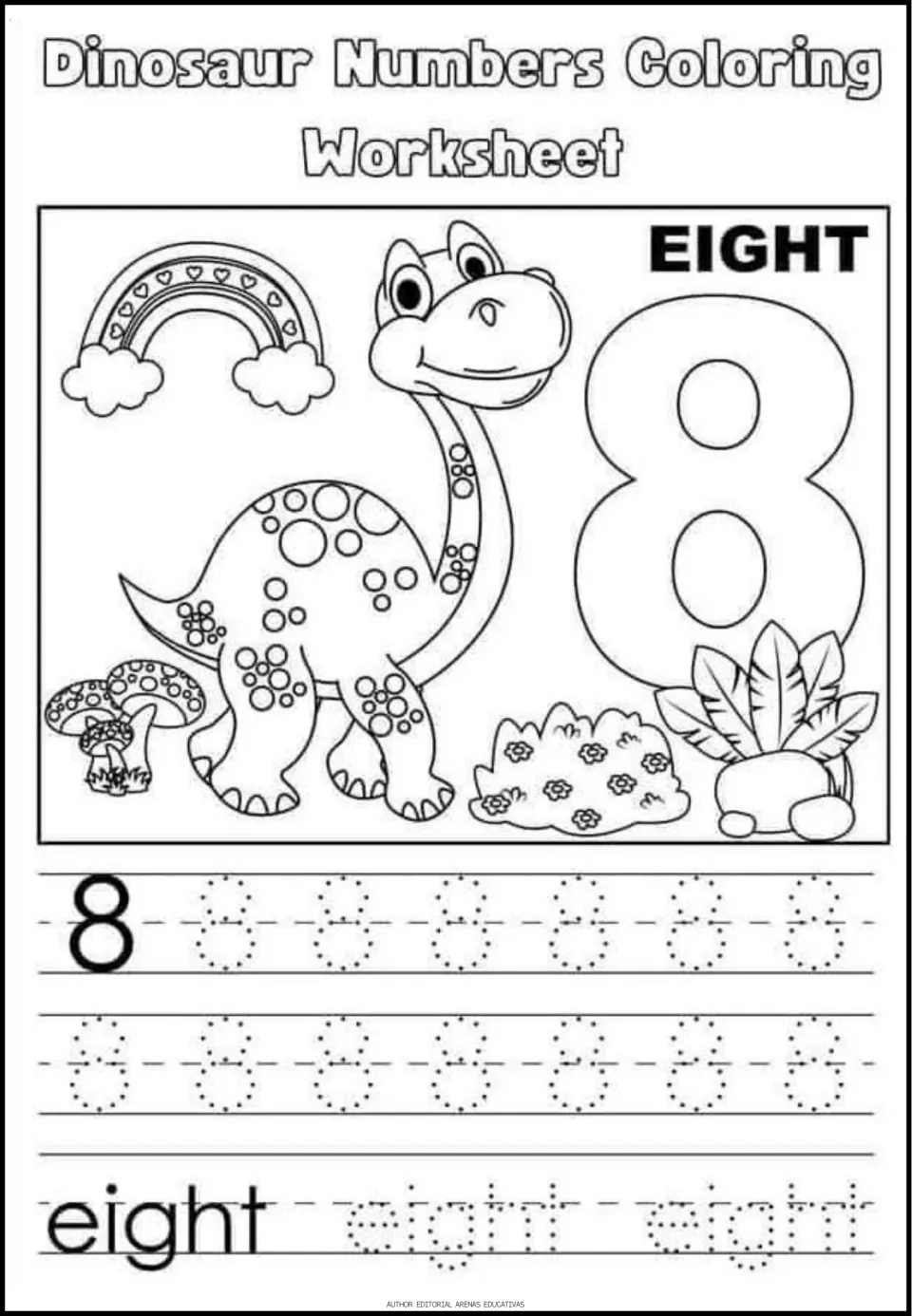 Number 8 practice: students color a spotted long-neck dinosaur under a rainbow, then trace 8s and the word eight