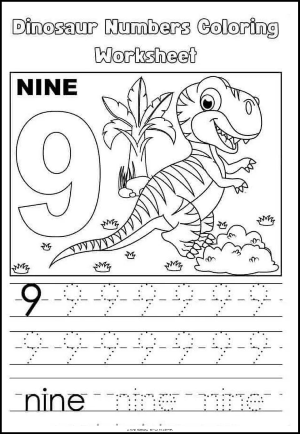 Number 9 practice: students color a striped T. rex beside a big 9, then trace rows of 9s and the word nine