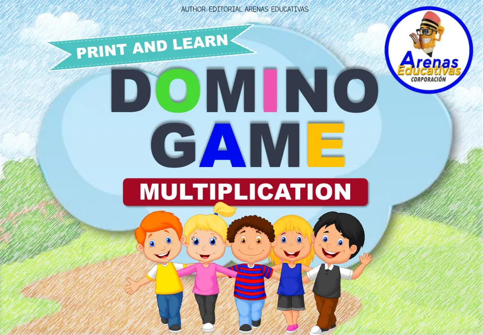 Multiplication domino game cover with the words 'Print and Learn' and author Editorial Arenas Educativas