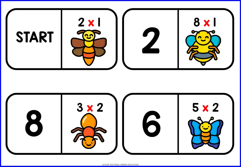 Bug-themed multiplication domino cards 1–4: START paired with 2 × 1, then 2 with 8 × 1, 8 with 3 × 2, and 6 with 5 × 2