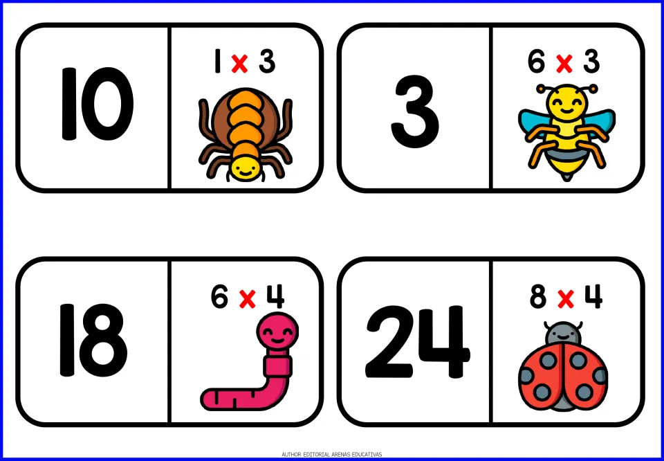 Bug-themed multiplication domino cards 5–8: 10 paired with 1 × 3, 3 with 6 × 3, 18 with 6 × 4, and 24 with 8 × 4