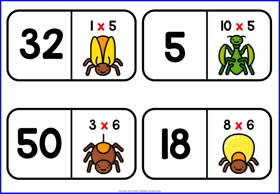 Bug-themed multiplication domino cards 9–12: 32 paired with 1 × 5, 5 with 10 × 5, 50 with 3 × 6, and 18 with 8 × 6