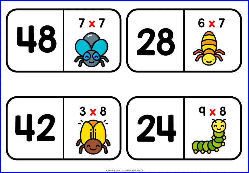 Bug-themed multiplication domino cards 13–16: 48 paired with 7 × 7, 28 with 6 × 7, 42 with 3 × 8, and 24 with 9 × 8