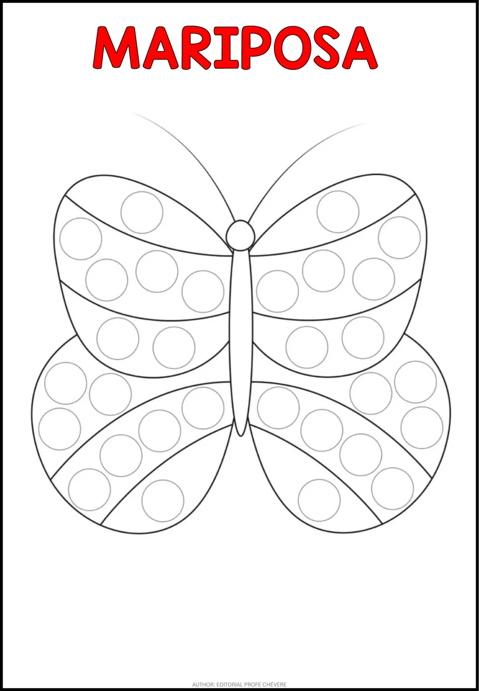 Mariposa (butterfly) dot page: children stamp or color the empty dots on the wings of a black-and-white butterfly outline