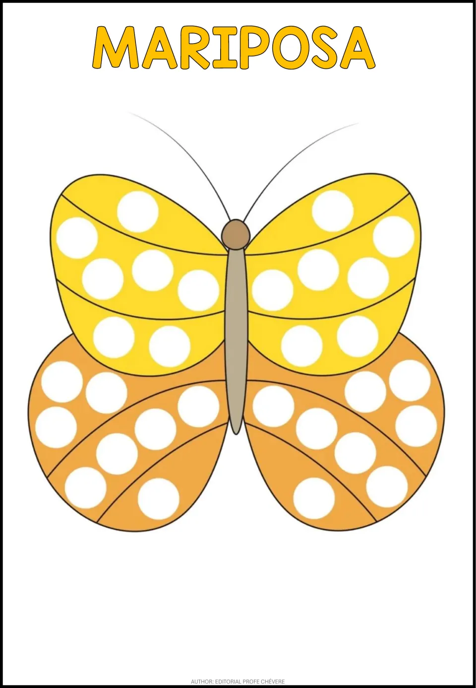 Mariposa in color: a yellow and orange butterfly with white dots left on its wings for children to cover with stickers