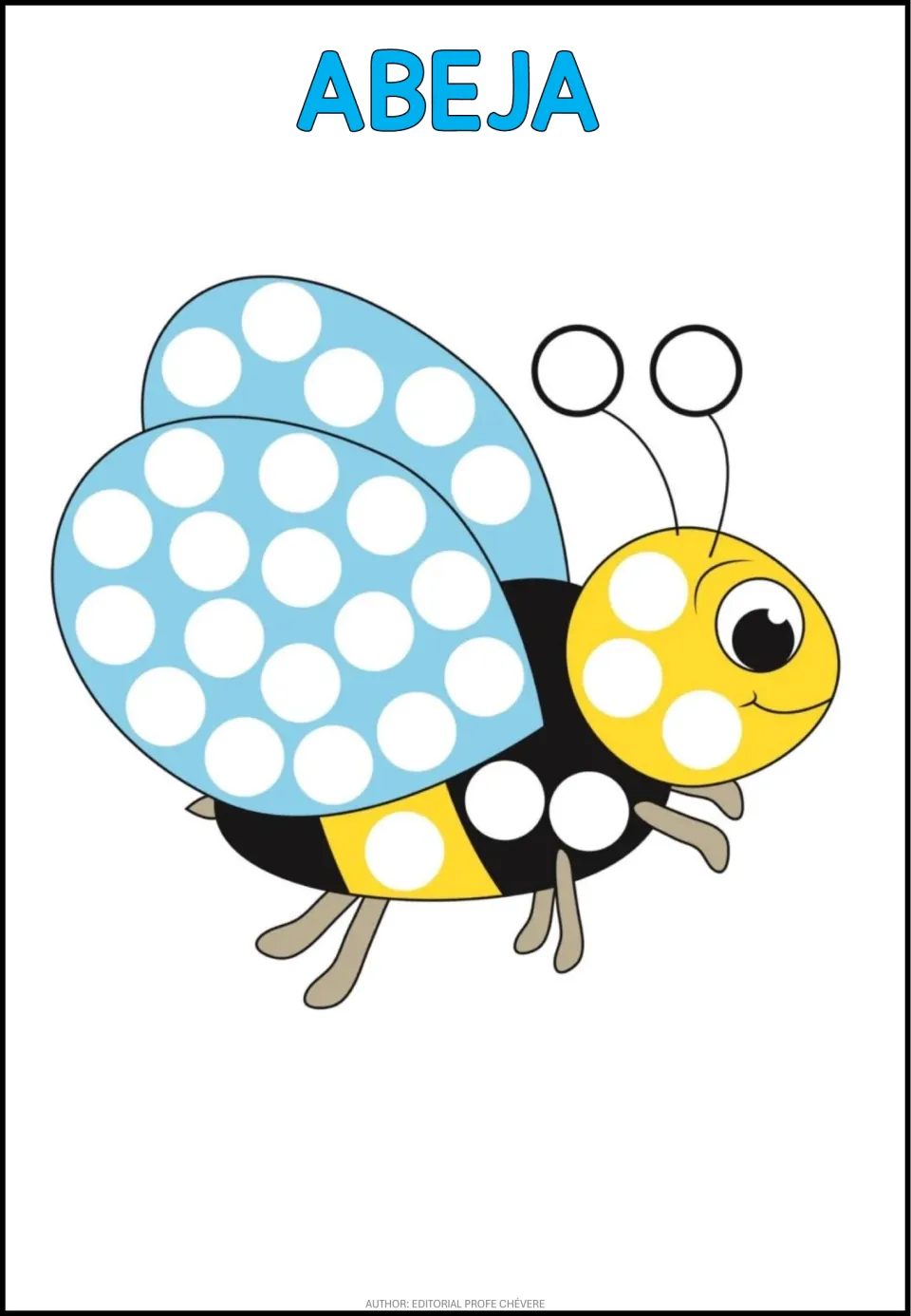Abeja in color: a yellow and black bee with light blue wings and white dots for children to stamp or cover with stickers