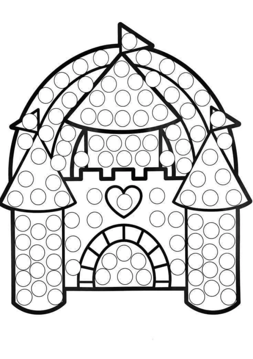 Castle dot art: children stamp dots across the towers, flags, arch, heart and doorway of a castle outline using dot markers