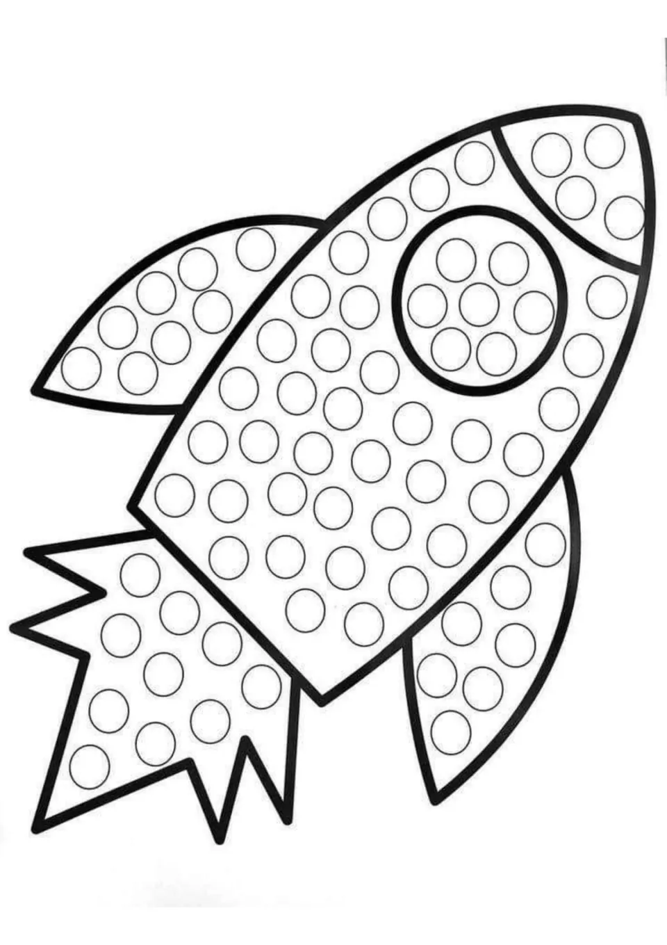 Rocket dot art: children fill empty dots on the body, window, fins and flame of a rocket outline with markers or stickers