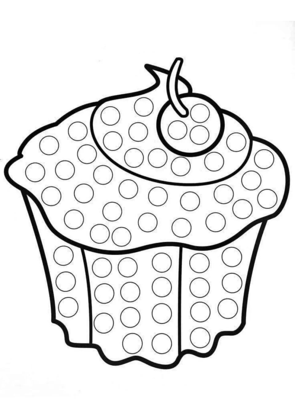 Cupcake dot art: children stamp the empty dots on the swirled frosting, cherry and wrapper of a cupcake outline
