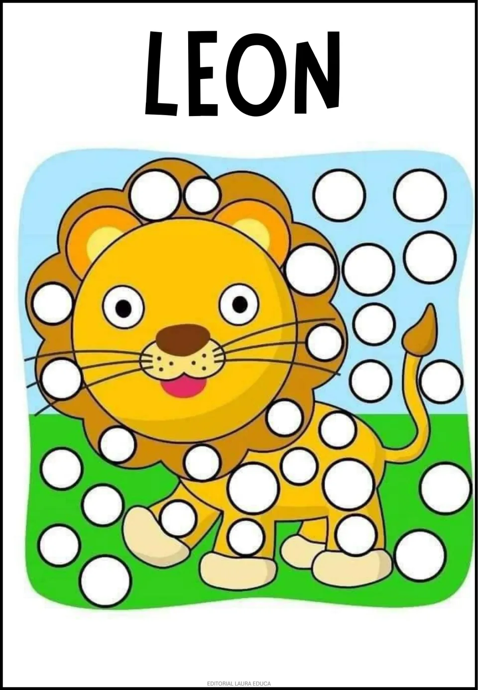 LEON (lion): students fill the white circles on a smiling lion's mane and body and in the sky and grass around it