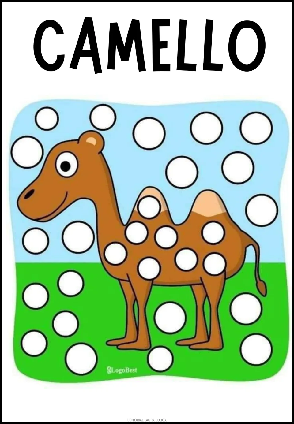 CAMELLO (camel): students fill white circles on a two-humped camel and scattered across the sky and grass