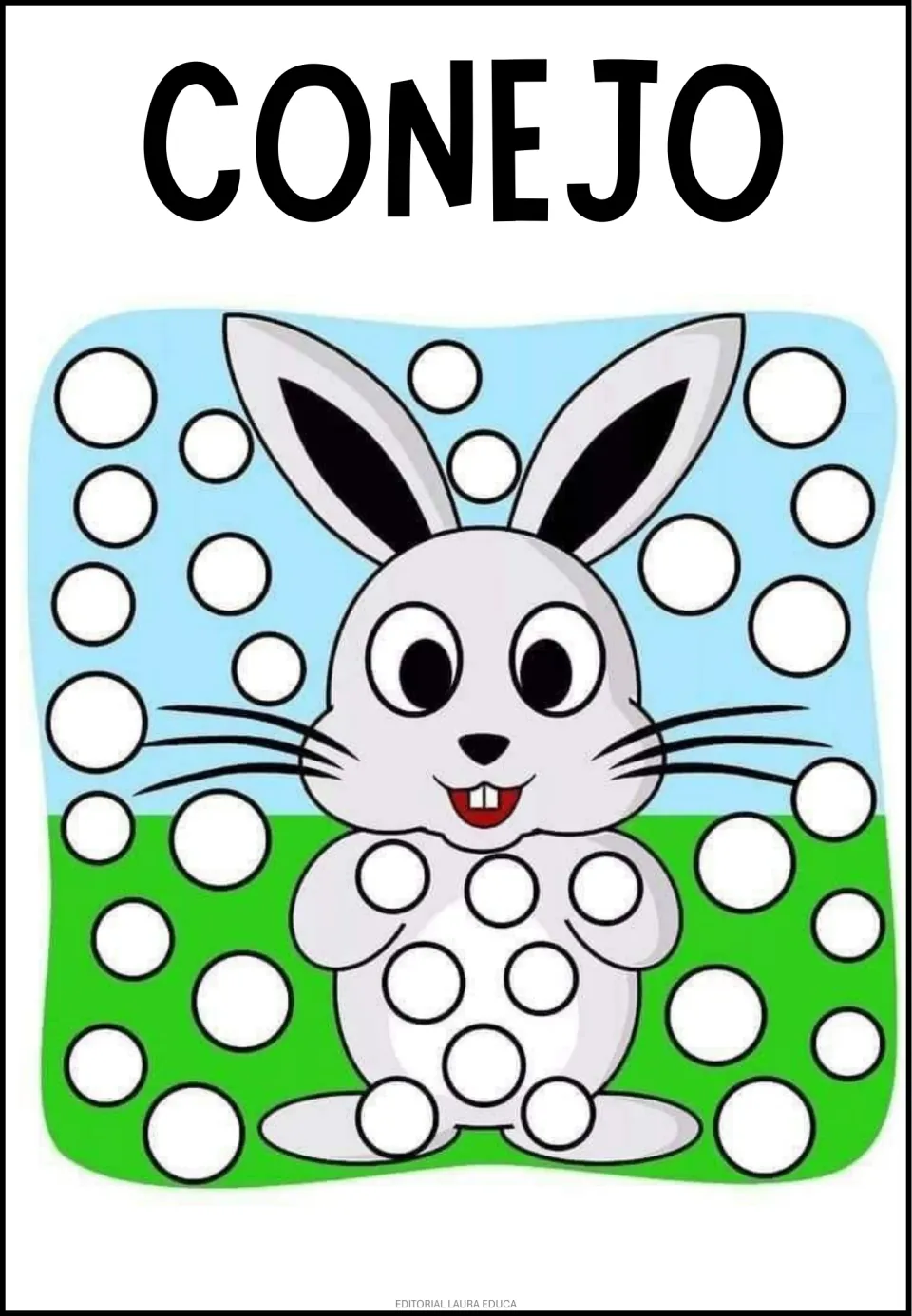 CONEJO (rabbit): students fill white circles on a gray bunny's belly and feet and all over the sky and grass