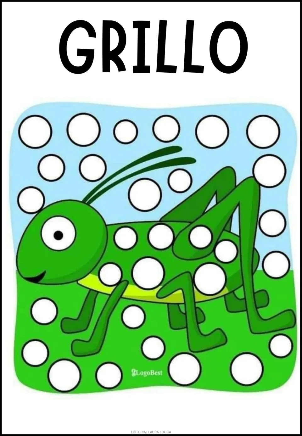 GRILLO (cricket): students fill white circles on a green cricket's body and in rows across the sky and grass