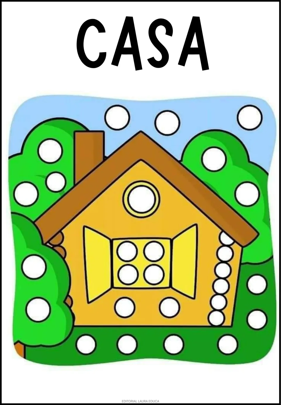 CASA (house): students fill circles in a log house's window, round attic window and side logs and in the trees