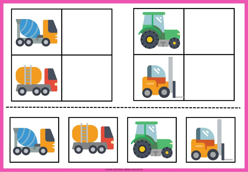 Vehicle matching sheet 1: cement mixer, tanker truck, tractor, and forklift, each repeated as a cutout