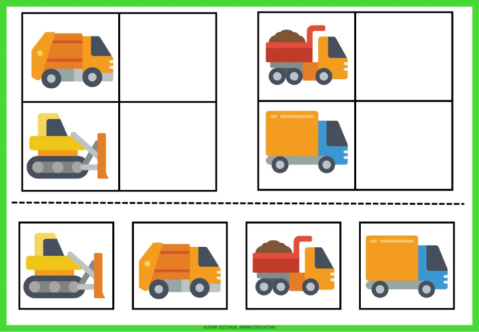 Vehicle matching sheet 2: garbage truck, bulldozer, dump truck, and delivery truck with matching cutouts