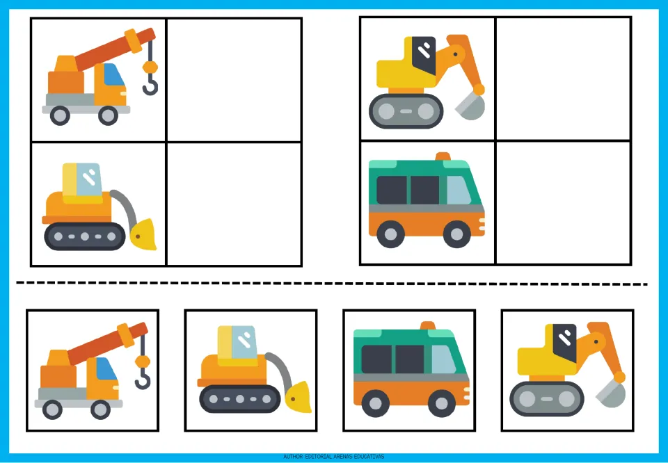 Vehicle matching sheet 3: crane truck, tracked loader, excavator, and van, each paired with a matching cutout