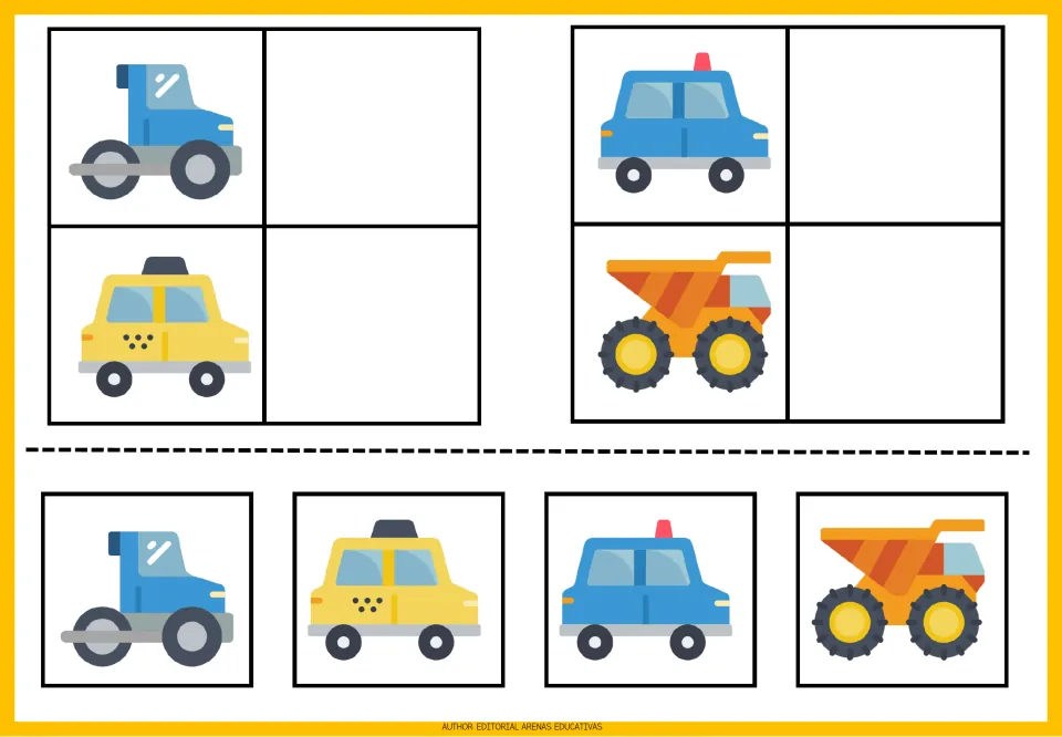 Vehicle matching sheet 4: blue tractor, yellow taxi, police car, and large dump truck with matching cutouts