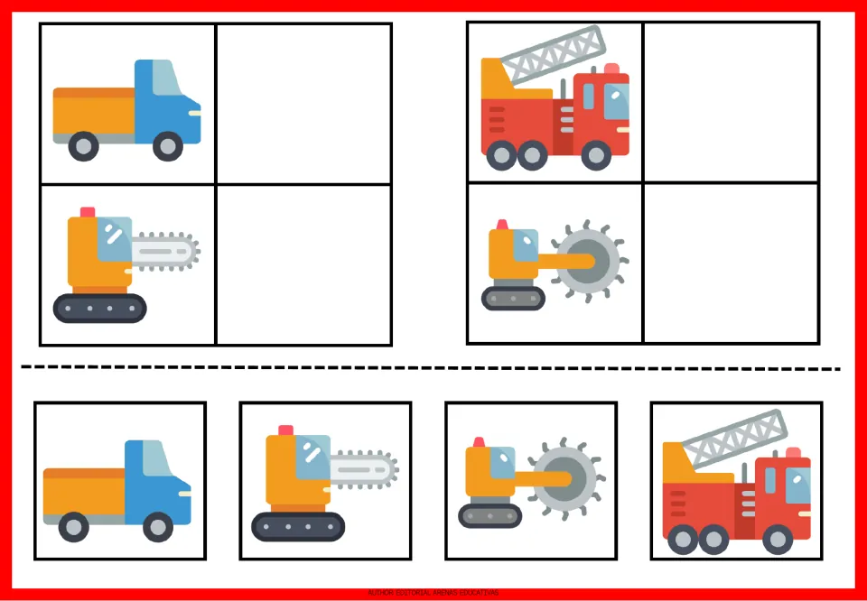 Vehicle matching sheet 5: pickup truck, fire truck, and two tracked cutting machines with matching cutouts
