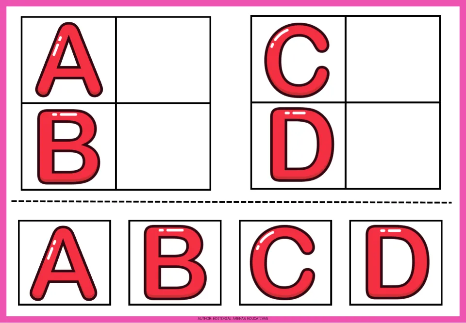 Alphabet matching sheet 1: uppercase A, B, C, and D in red, each repeated as a cutout to match to its letter