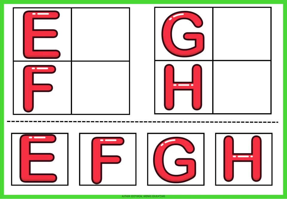 Alphabet matching sheet 2: uppercase E, F, G, and H in red, each repeated as a cutout to match to its letter