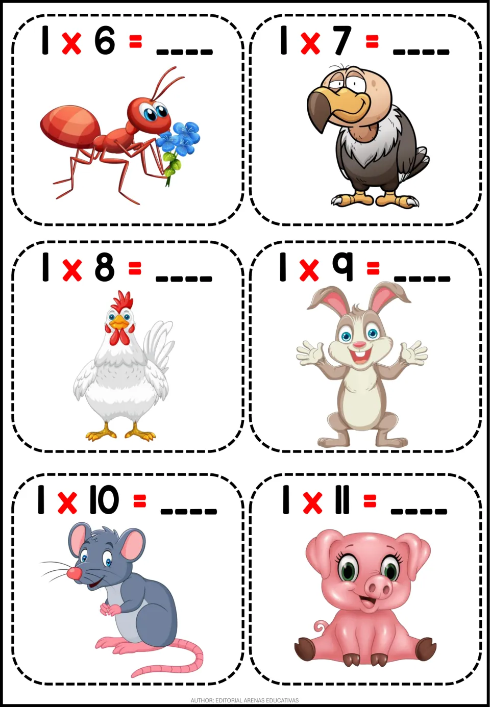Multiplying by 1: fact cards 1 x 6 to 1 x 11, each with a product blank and an animal such as an ant, rabbit or pig