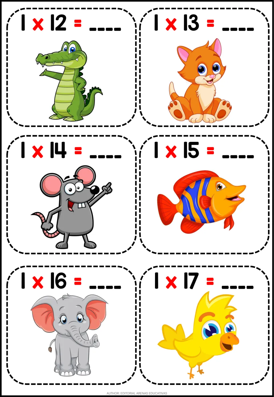 Multiplying by 1 beyond 12: fact cards 1 x 12 to 1 x 17 with answer blanks and animals like a crocodile, fish and elephant