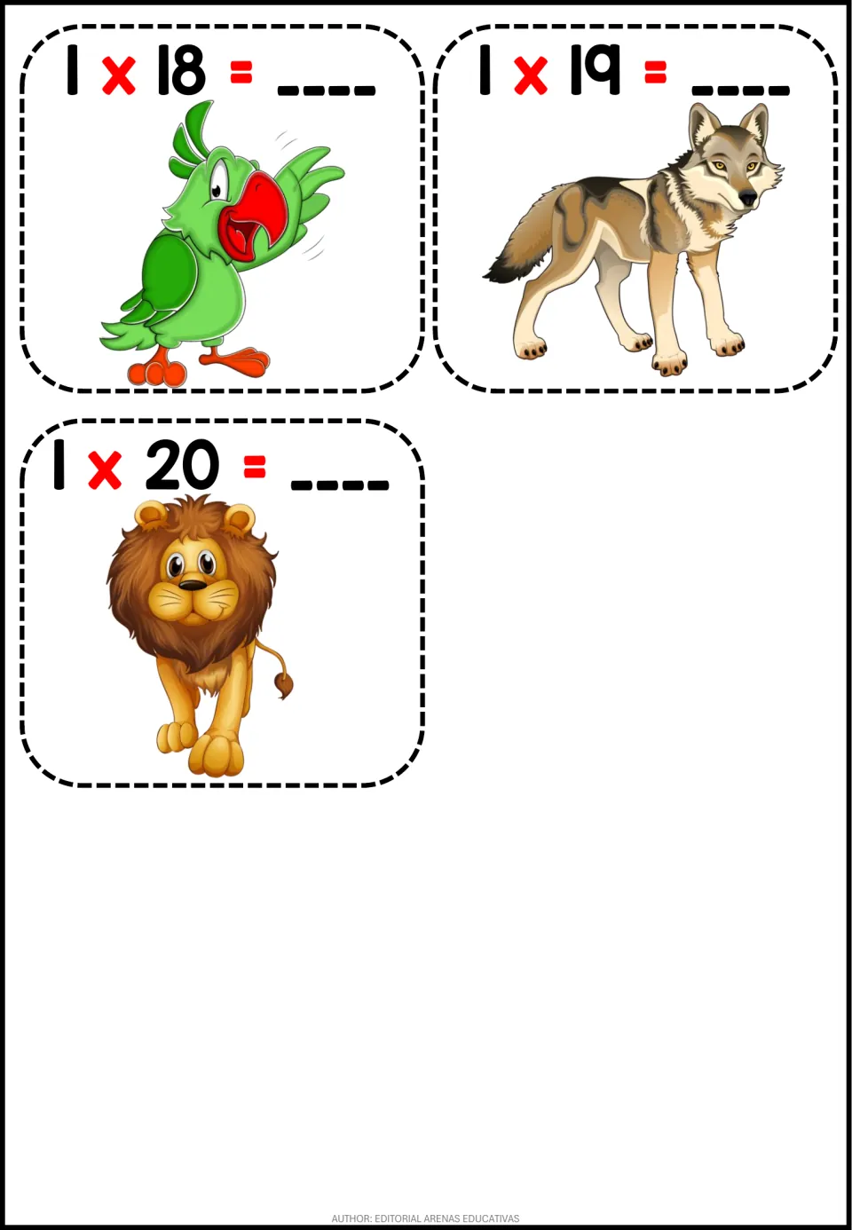 Multiplying by 1: final three fact cards, 1 x 18, 1 x 19 and 1 x 20, with answer blanks beside a parrot, a wolf and a lion