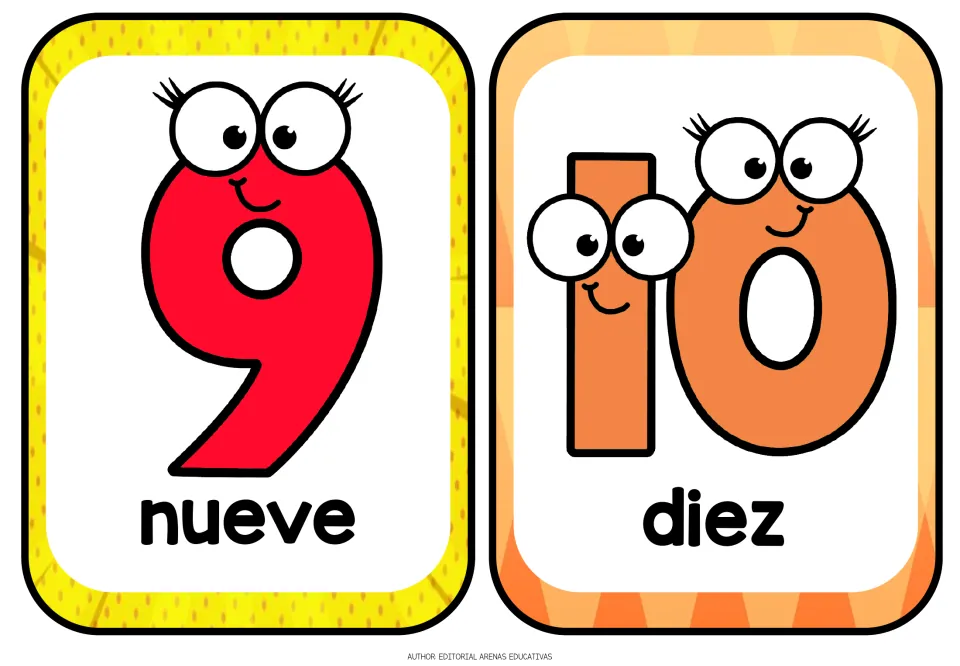 Spanish number flashcards for 9 and 10, labeled nueve (nine) and diez (ten), with words in bold lettering