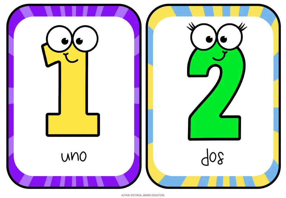 Repeated Spanish number flashcards for 1 and 2, labeled uno (one) and dos (two) in a handwritten style